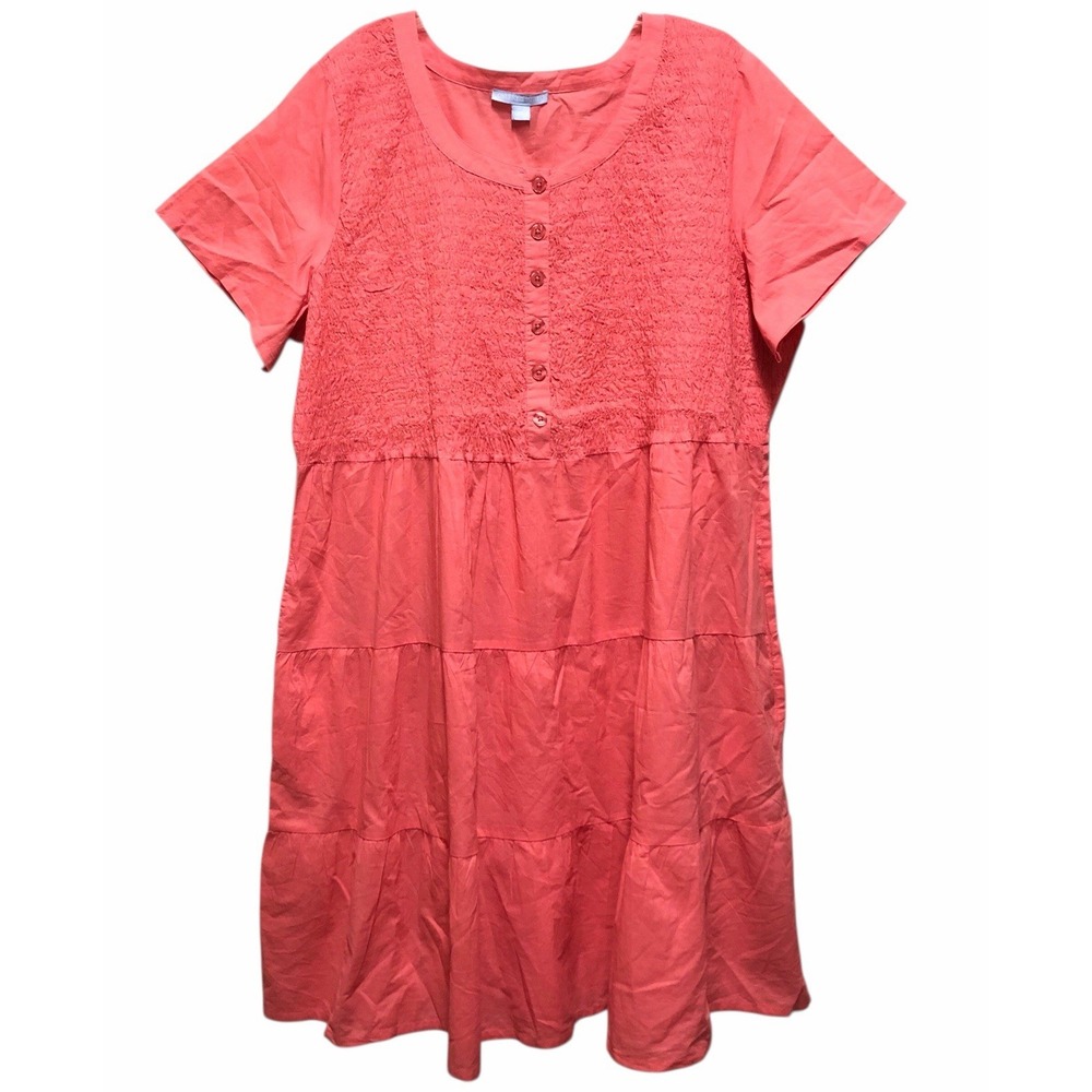 Croft & Barrow Pink 100% Cotton Tiered Button Front Dress 1X Scoop Neck